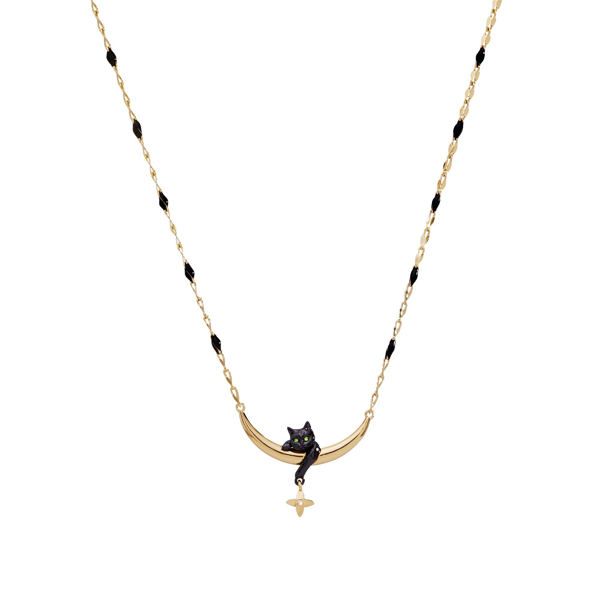 Alex and Ani Celestial Cat Inline Necklace - Celestial Jewelry with Black Cat on Golden Crescent, Two Tone, Nickel-Free, Stylish
