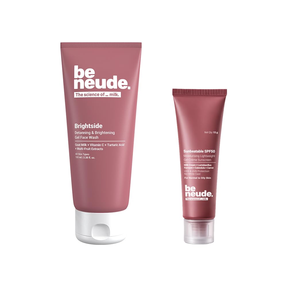 Be Neude Daily Protect Duo Brightside Face Wash 100Ml And Sunbeatable Sunscreen 15Ml Combo With Goat Milk Vitamin C Tartaric Aci