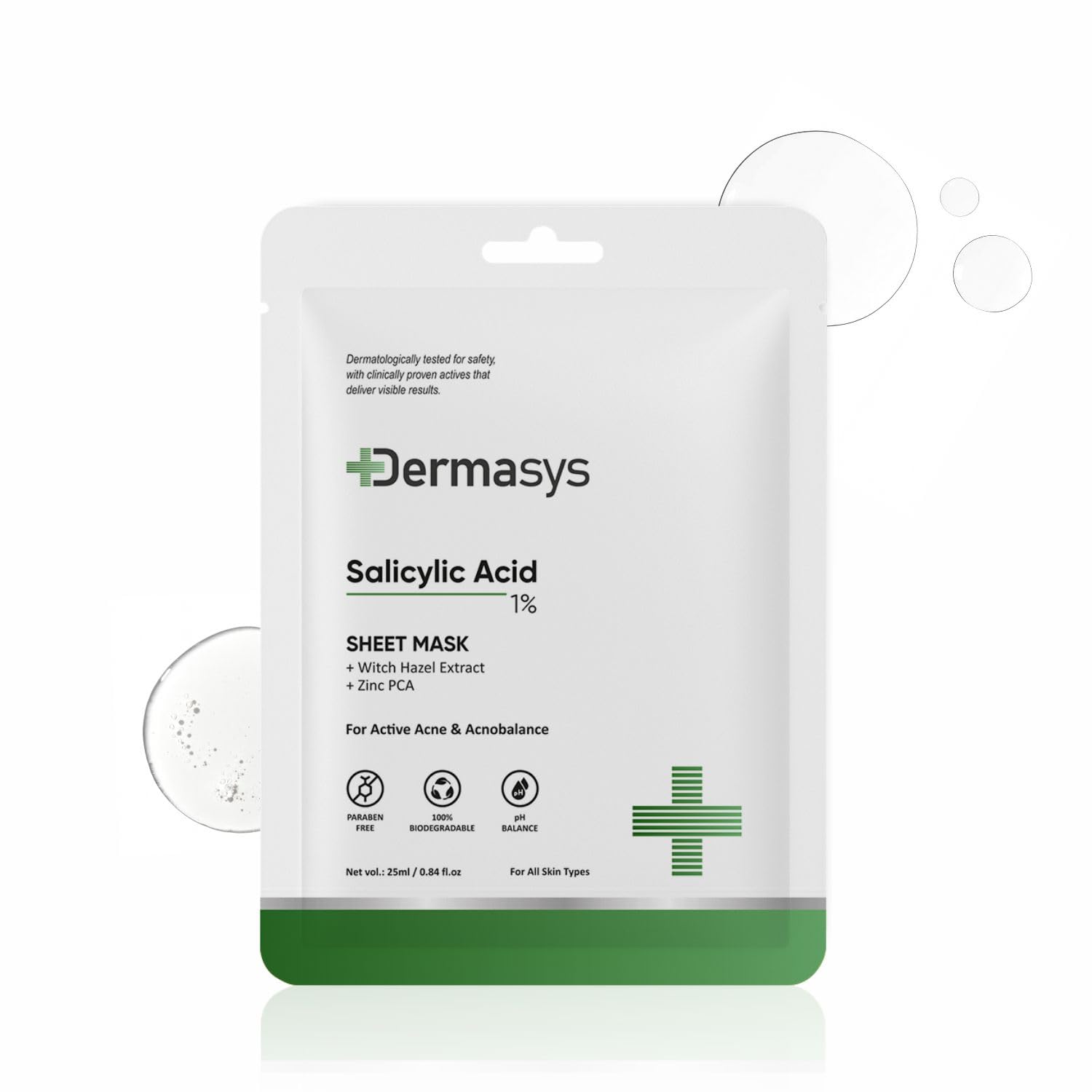 Dermasys 1% Salicylic Acid Sheet Mask For Reducing Acne, Enlarged Pores & Fine Lines With Zinc Pca, Witch Hazel & Hyaluronic Aci
