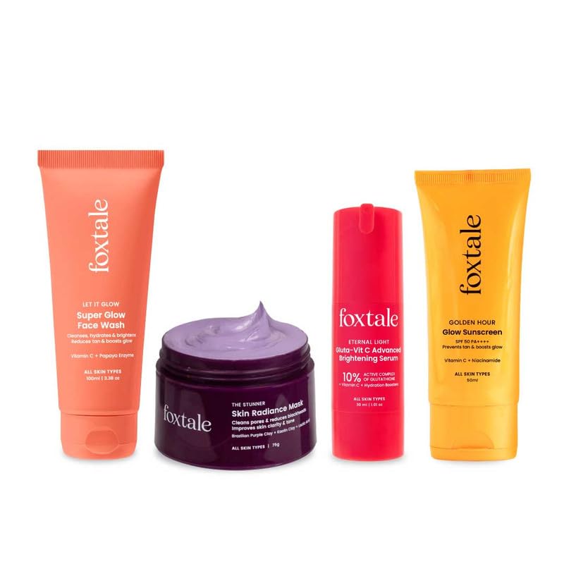 Foxtale Complete Glow Combo | Vitamin C Face Wash + 10% Vit C Serum + Radiance Mask + Spf 50 Sunscreen | Removes Tan, Brightens,