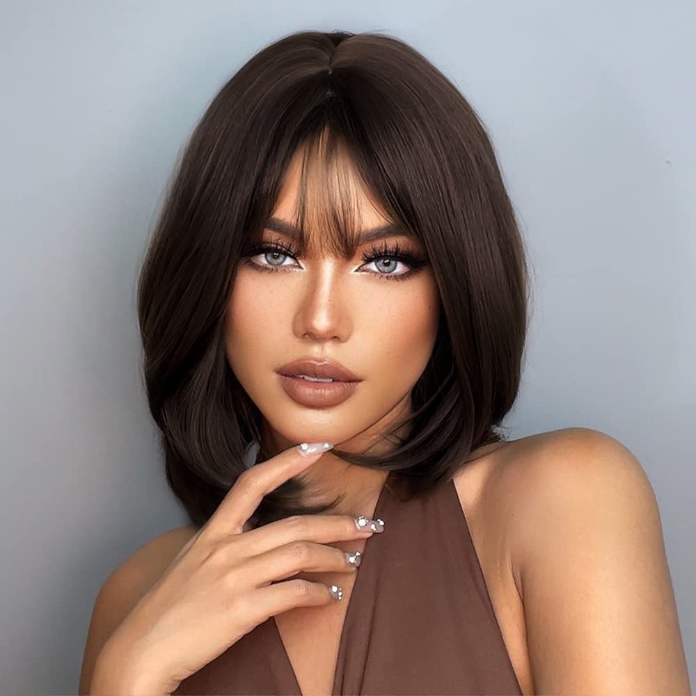 HAIRCUBE Bob Wig Short Dark Brown Wig with Bangs,Shoulder Length Synthetic Wigs for Women
