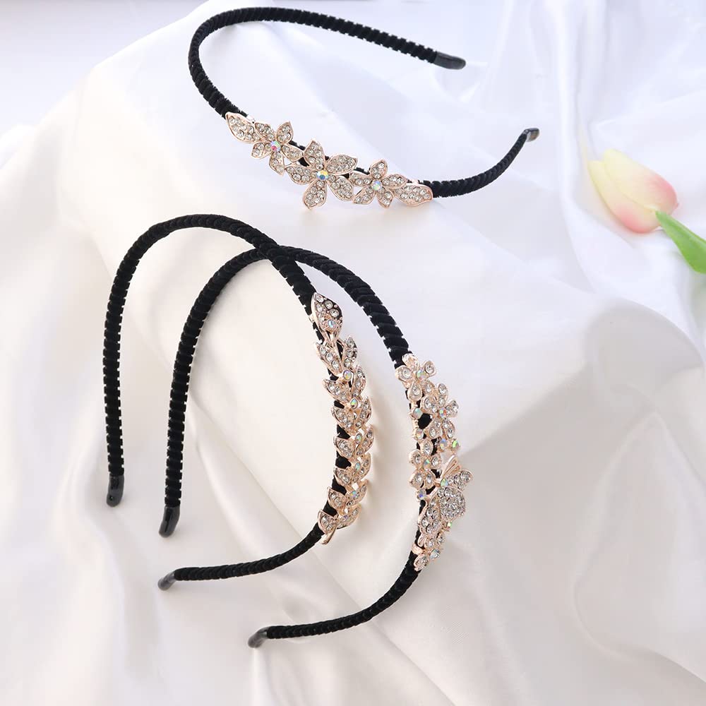 TCOTBE 3 Pcs Crystal Hair Band Fashion Hairbands for Girls Leaf Butterfly Flower Jewelry Rhinestone Hoop Elegant Hair Pieces Bli