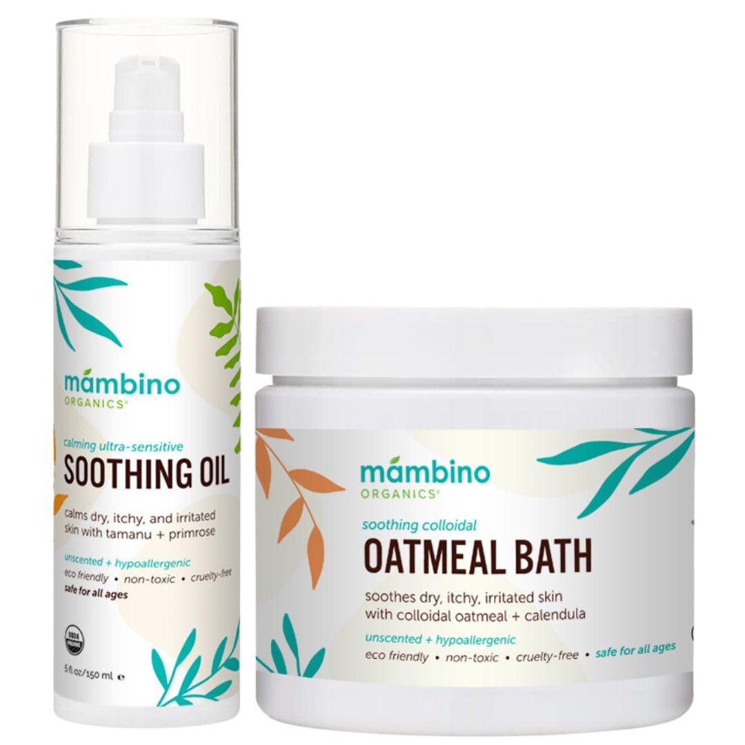 Organic Ultra-Sensitive Skin Calming Set - Natural Colloidal Oatmeal Bath Powder And Soothing Oil - All Natural Fragrance Free W