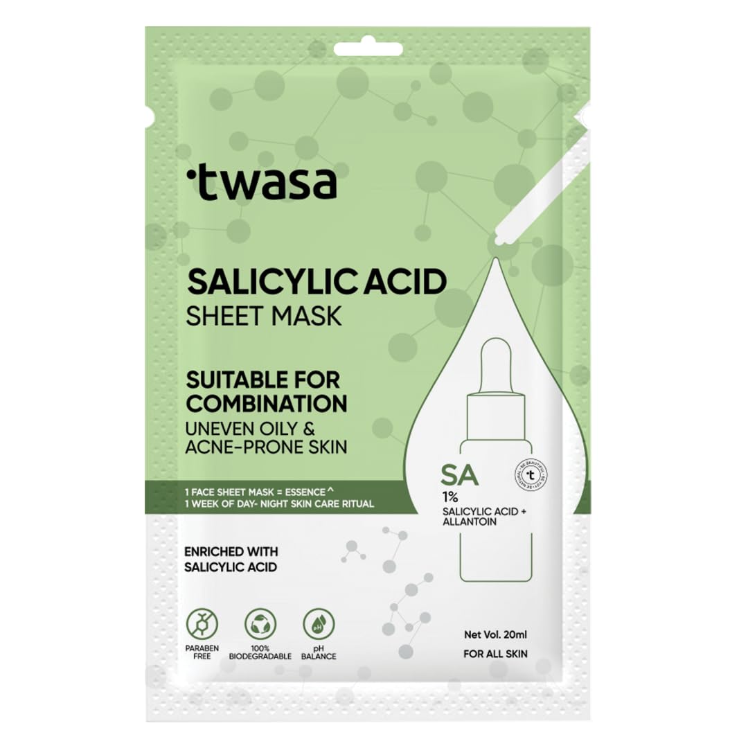 Twasa Salicylic Acid Serum Sheet Face Mask For Glowing Skin Oily, Skincare AcneProne & Combination Skin With Hyaluronic Acid | 