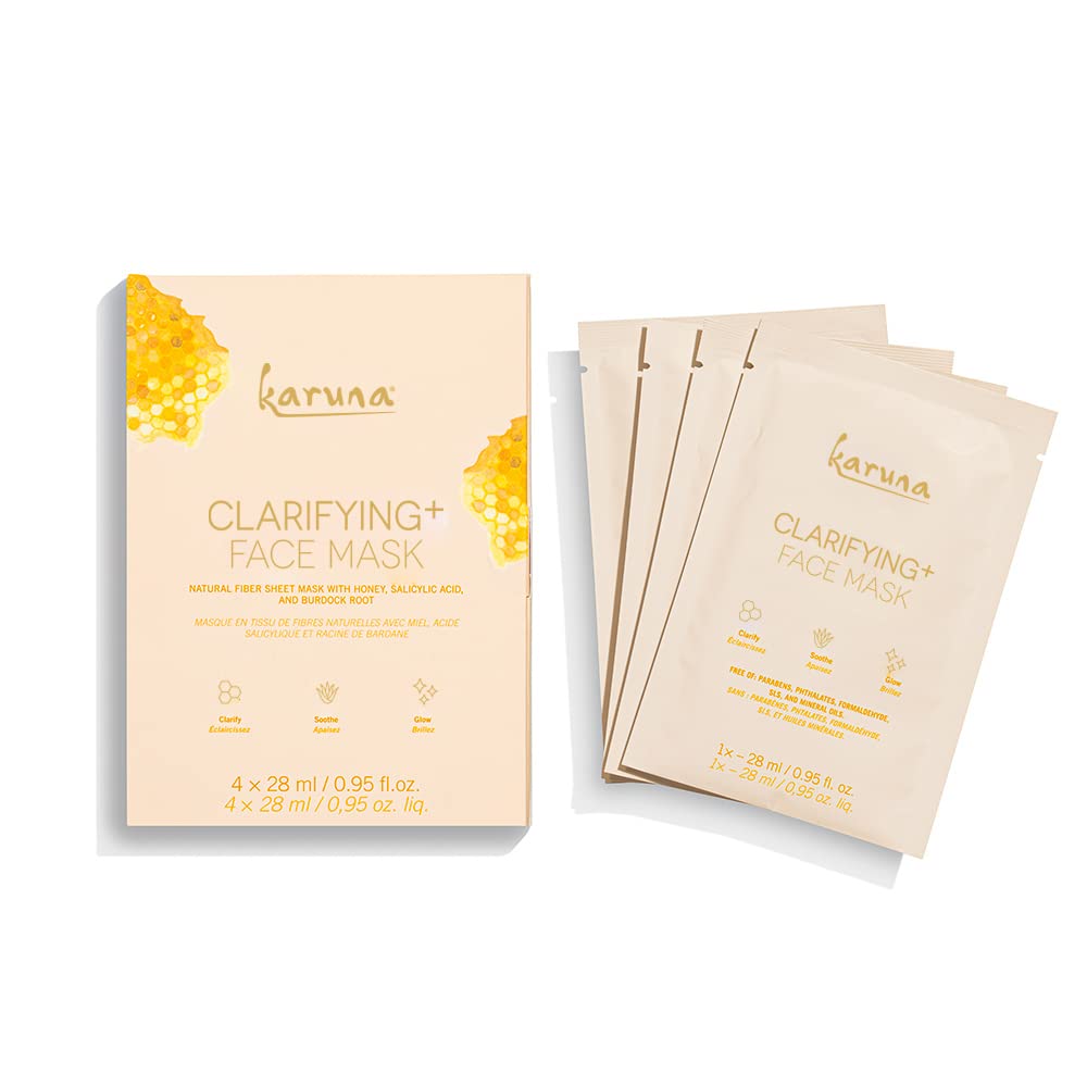 Karuna Skin - Clarifying+ Sheet Masks For Clear Skin, Moisturizing & Hydrating Face Masks Skincare, Sheet Mask With Honey, Salic