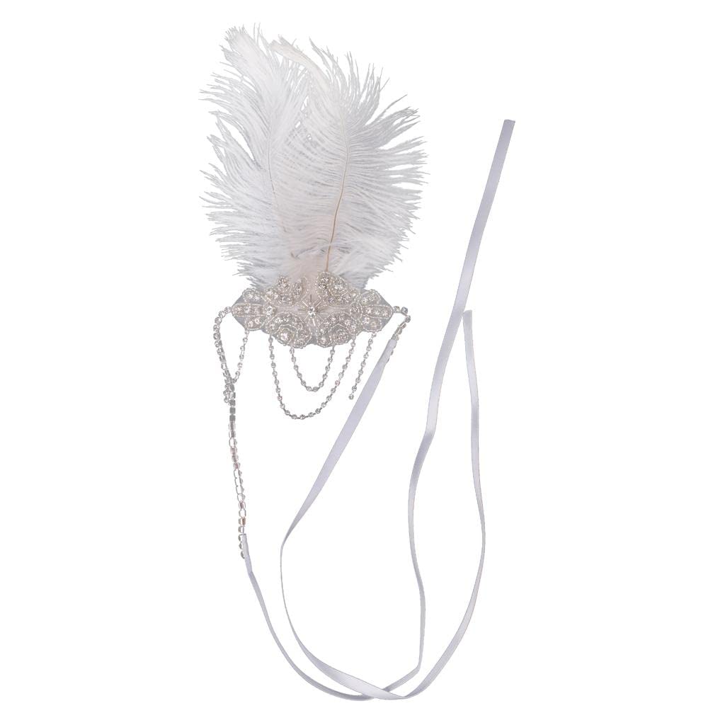 ATORSE?1920s Vintage Rhinestone Flapper headband Headpiece with White Artificial Feather
