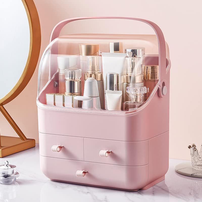 LINFIDITE Cosmetic Storage Box with Lid Waterproof&Dustproof Makeup Organizer Box Portable Handle,Large Makeup Display Case with