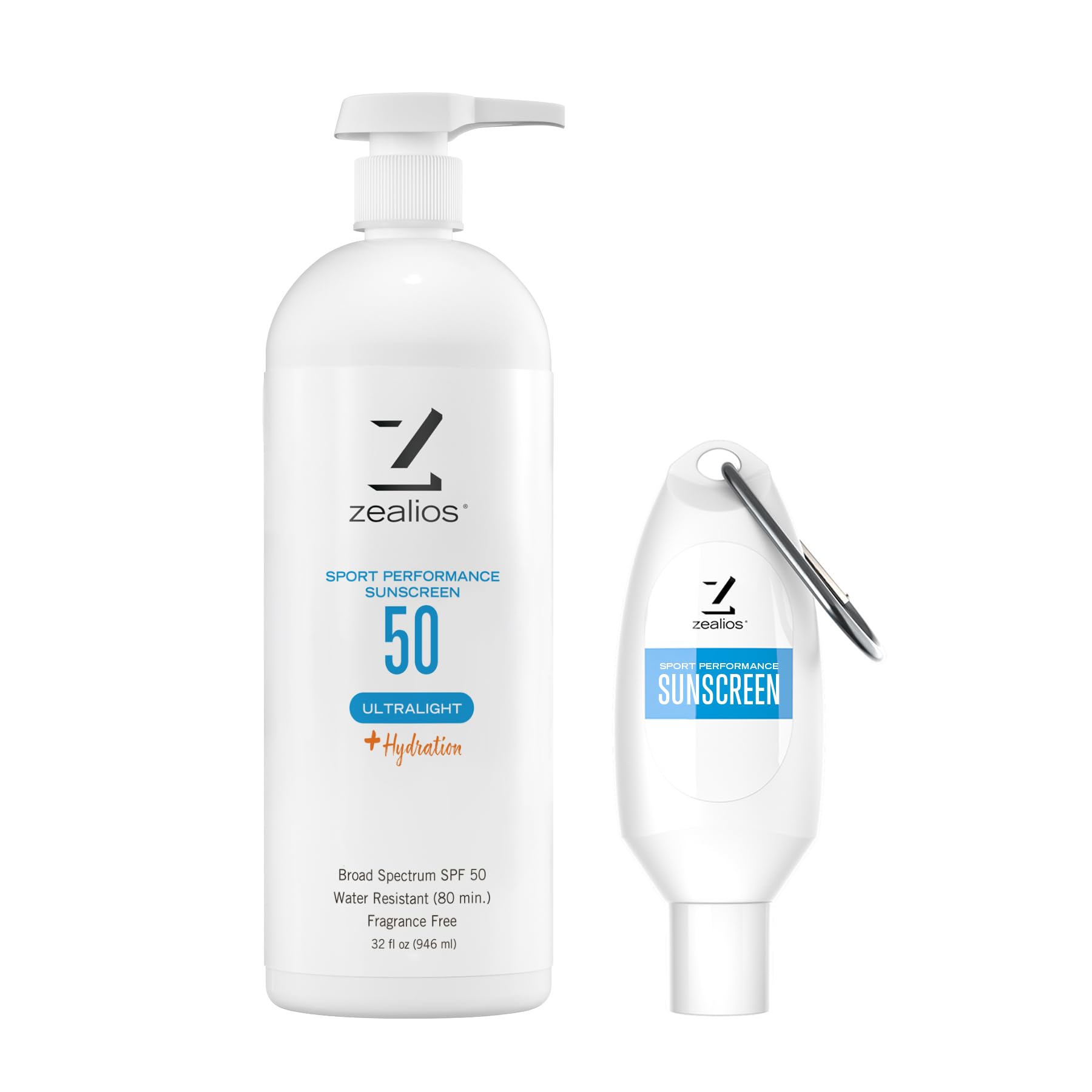 Zealios Sport Performance Ultralight SPF 50 Sunscreen +Hydration, 32 oz Bottle Plus 2 oz Travel Bottle, Broad Spectrum, Water & 