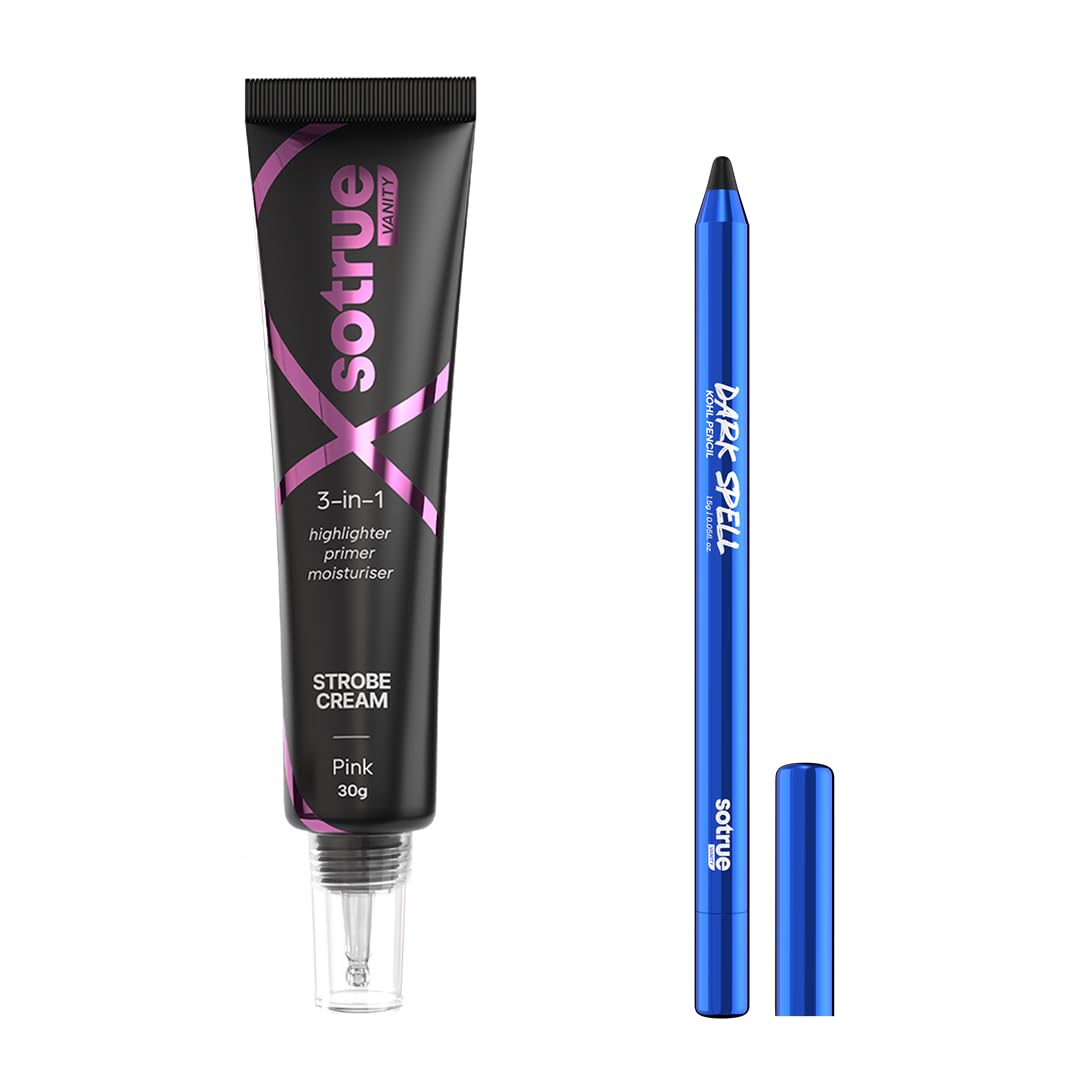 Sotrue Dark Spell Kohl Kajal + Pink Radiance Multipurpose Strobe Cream Combo | 24H Smudgeproof Kajal, Instant Pink Glow | Waterp