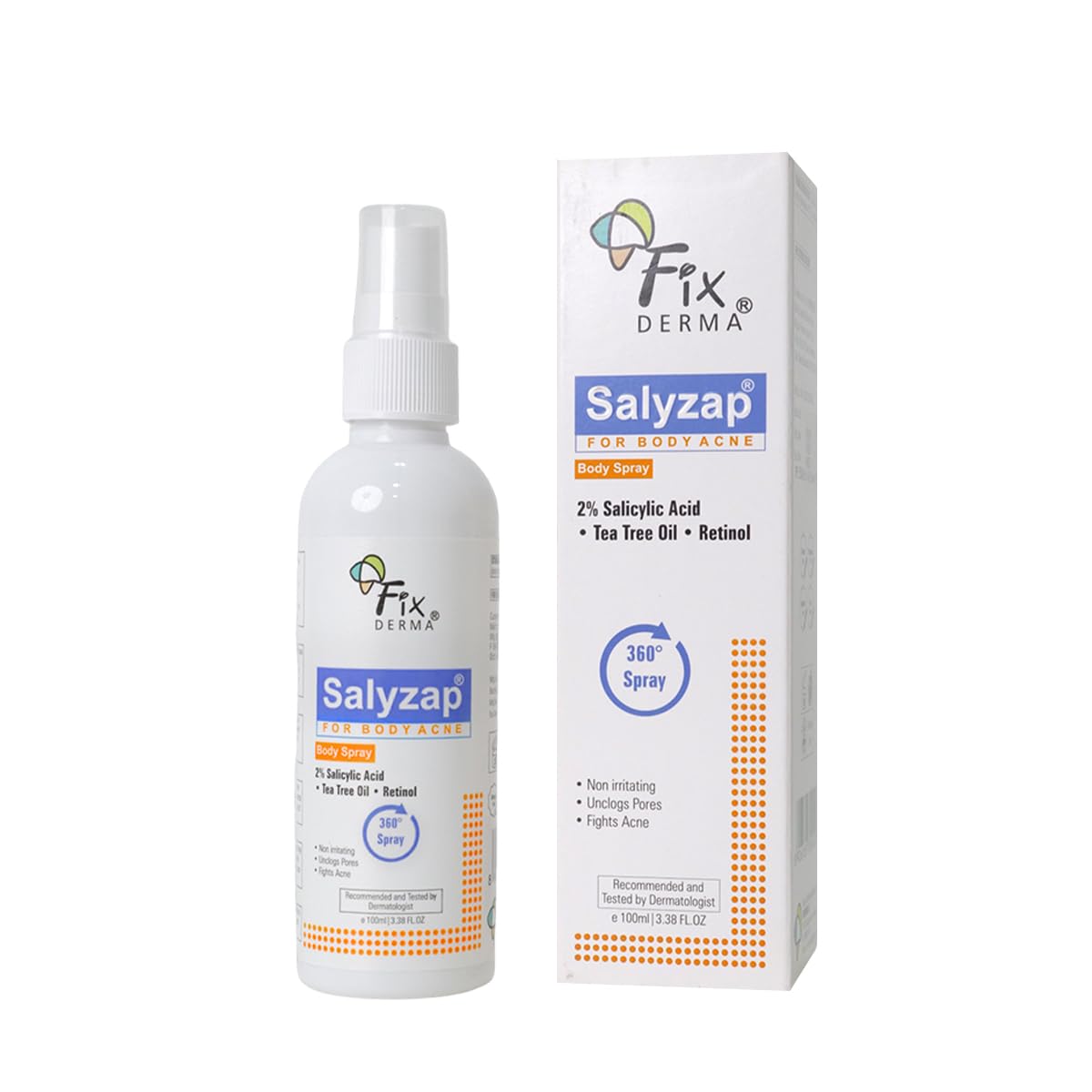 Fixderma 2% Salicylic Acid Salyzap Body Acne Spray For Acne On Back, Shoulders, Neck & Chest To Improve Breakouts & Uneven Skin 