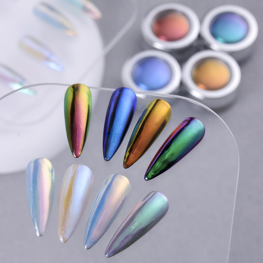 4 Colors Chameleon Chrome Nail Powder Kit, Metallic Mirror Effect Nail Glitter Aurora Iridescent Pearlescent Mermaid Pigment Dus