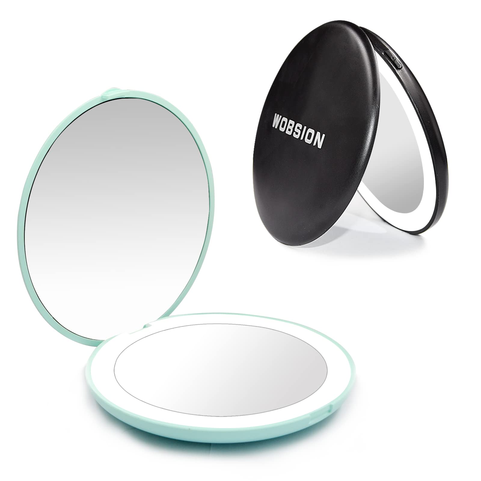 Wobsion 1X/10X Magnification Compact Mirror For Purses,Compact Mirror With Light,Handheld 2-Sided Mirror,Travel Makeup Mirror,3.