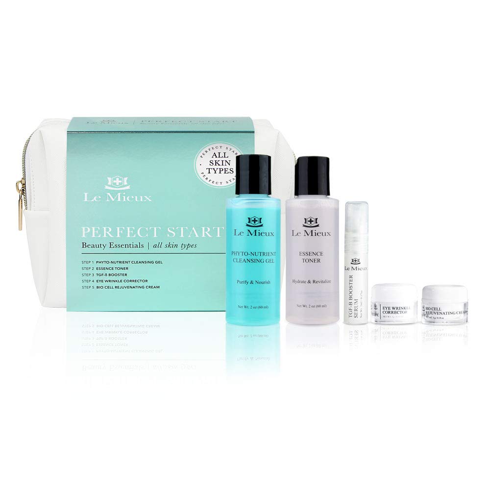 Le Mieux Perfect Start Beauty Essentials Set for Normal Skin - 5-Piece Facial Set - Phyto-Nutrient Cleansing Gel, Essence Toner,