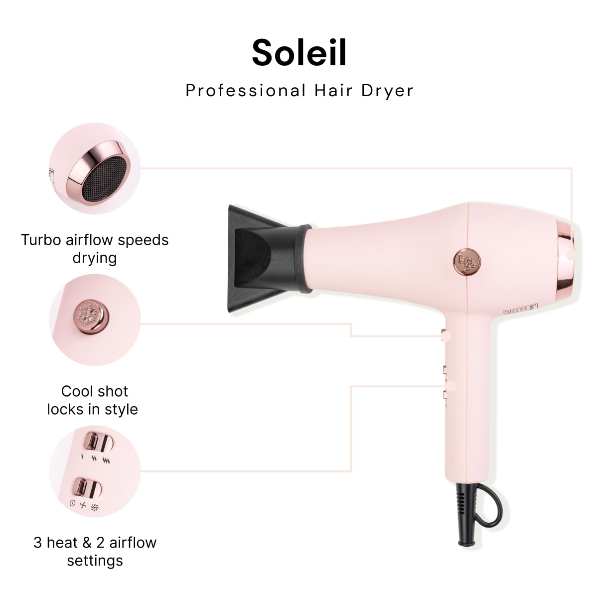L'ANGE HAIR Soleil Professional Hair Dryer - 3 Heat & 2 Airflow Settings, Cool Shot, Lightweight, Blush, Model 2516-2517