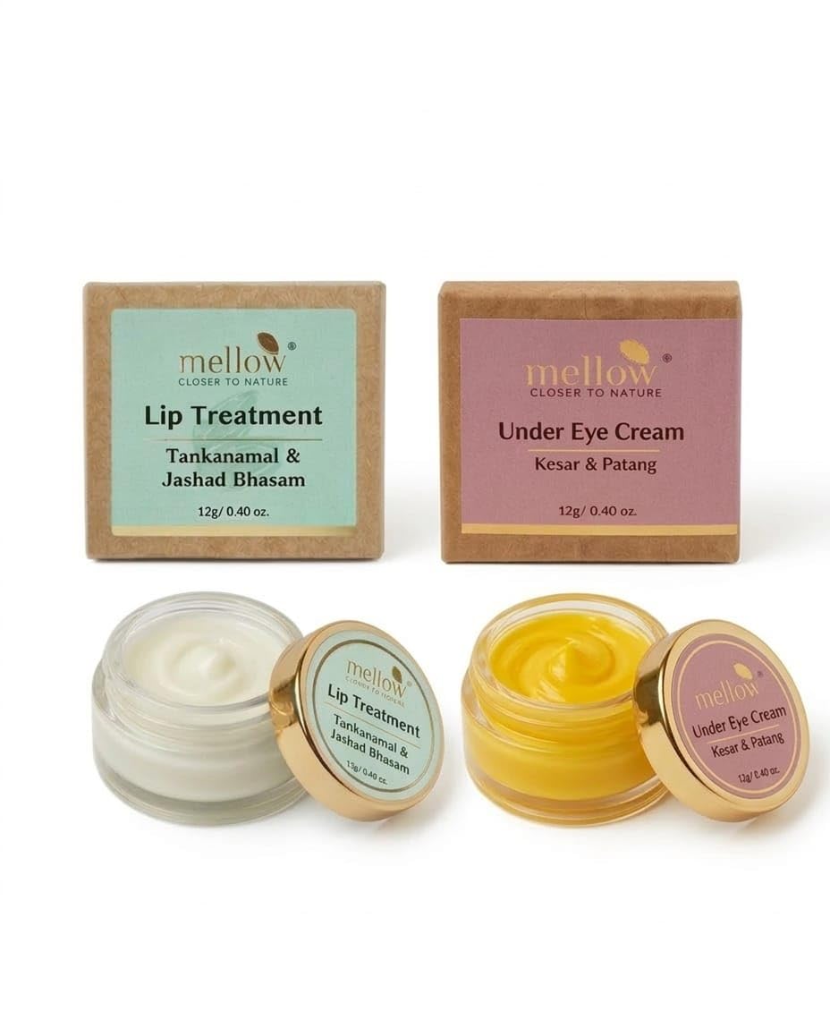 Mellow Herbals Lip Balm Combo (Pack Of 2)  Under Eye Cream For Dark Circles & Herbal Lip Treatment With Almond Oil And Jasad Bh