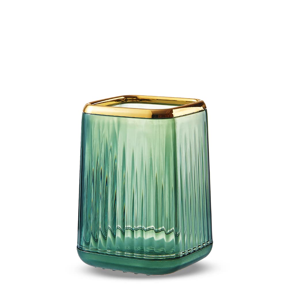 Makeup Brush Cup Holder Organizer For Vanity, Acrylic Vintage Green Make Up Brushes Holders Container Storage With Striped Desig