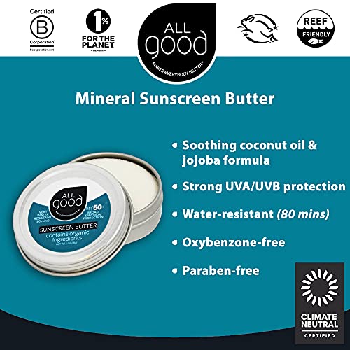 All Good Zinc Butter Sunscreen - Travel Size, Zinc Oxide Face, Nose, Ears Sunscreen, Uvauvb Broad Spectrum Spf 50+ Water Resista