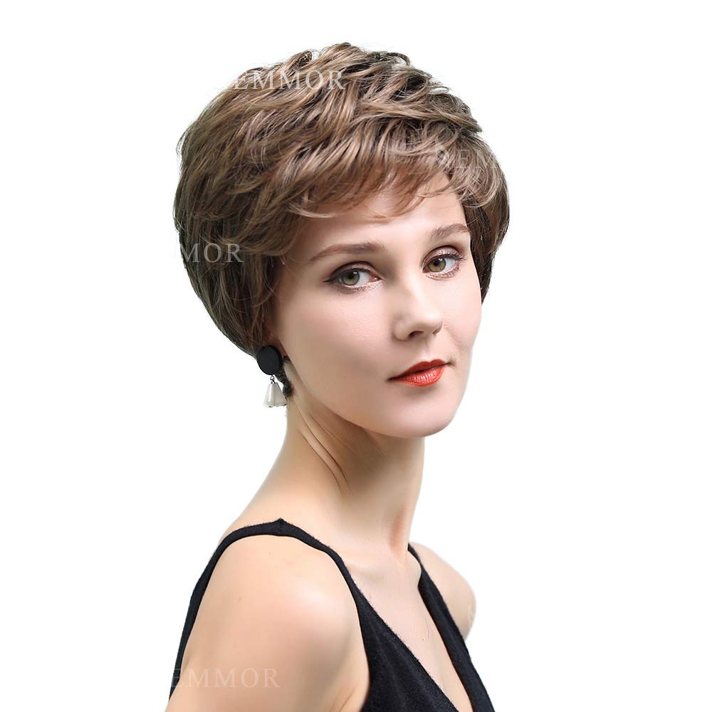 Emmor Short Brown Human Hair Wigs For Women Blend Pixie Cut Wig With Bang,Natural Daily Use Hair (Color 8T20)