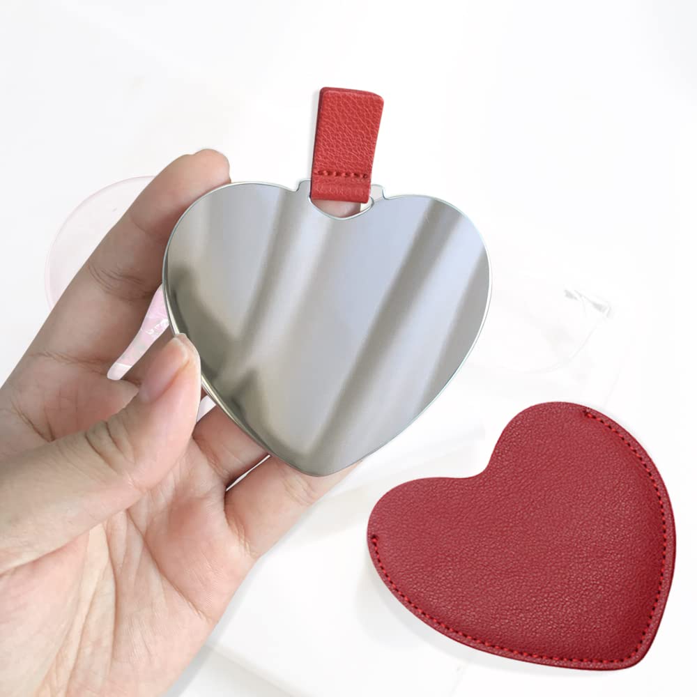 Compact Stainless Steel Mirror, Heart Shaped Shatterproof Pocket Mirror with PU Leather Sleeve, Mini Unbreakable Purse Mirror Po