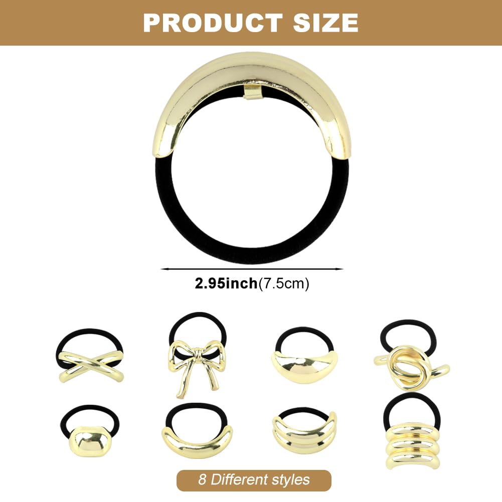 8Pcs Hair Ties,Metal Gold Elastic Hair Cuffs,Metal Geometric Elastic Hair Ties,Gold Ponytail Cuff Elastic Hair Ties,Gold Hair Cu