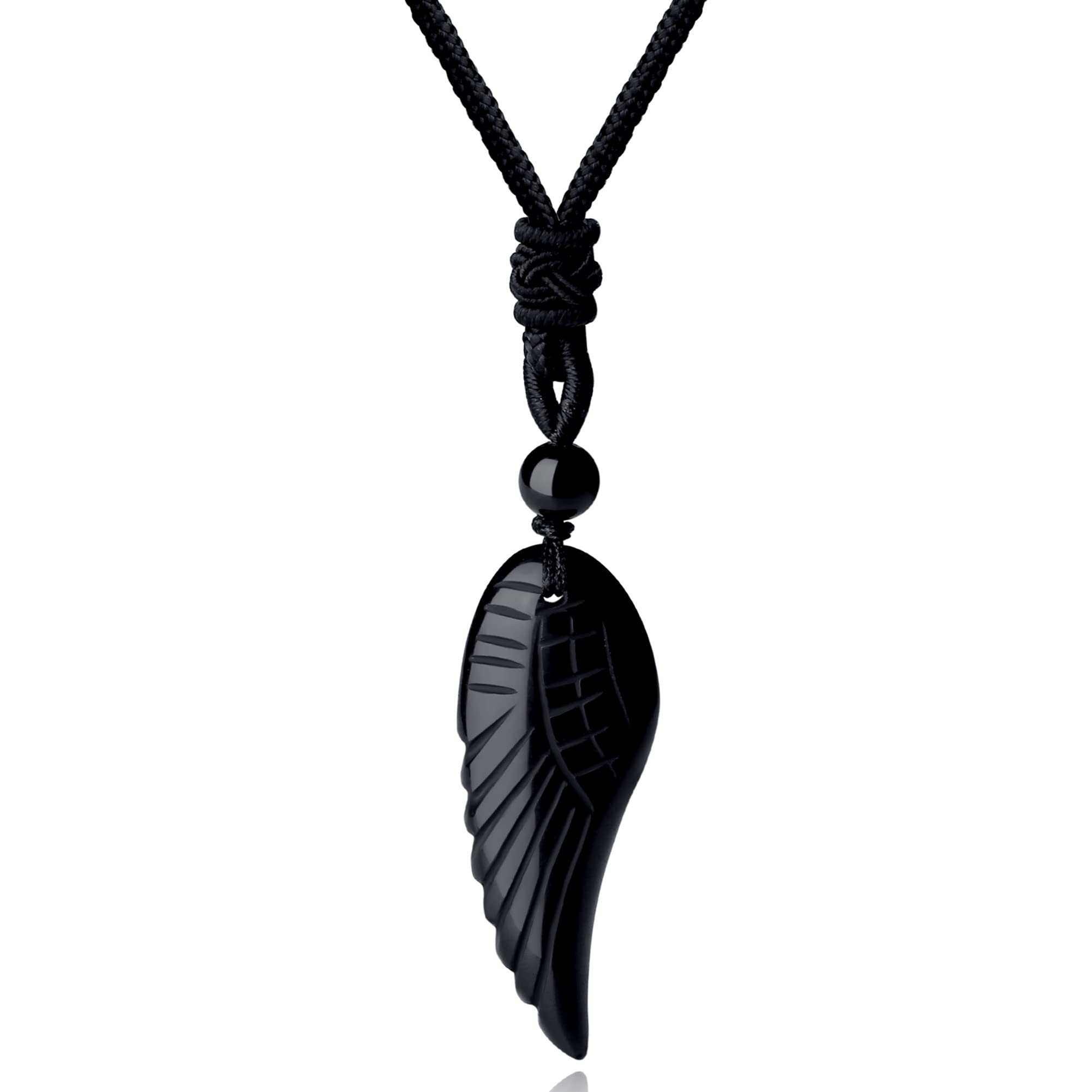 MAIBAOTA Angel Wing Necklace for Men Women Natural Black Obsidian Healing Crystal Stone Pendant Necklace Adjustable Rope Reiki G