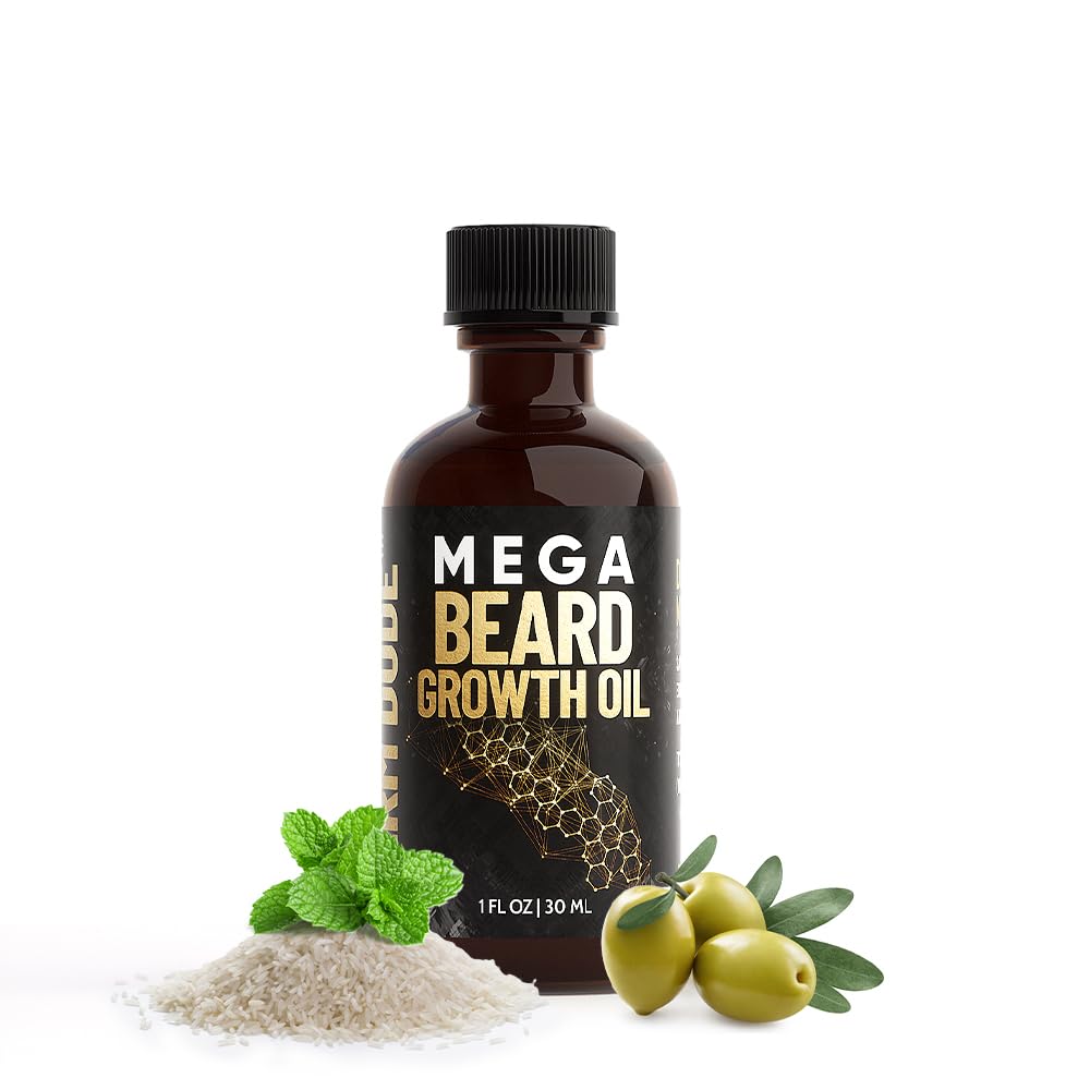 Derm Dude Mega Beard Growth Oil with Jojoba Oil, Japanese Peppermint Oil, Castor Oil, Avocado oil and more. Promotes Natural Hea