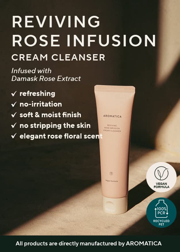 Aromatica Reviving Rose Infusion Cream Cleanser 5.11Oz /145G | Double Cleanser, Vegan, Hydrating Foaming Cleanser For Dry Skin |