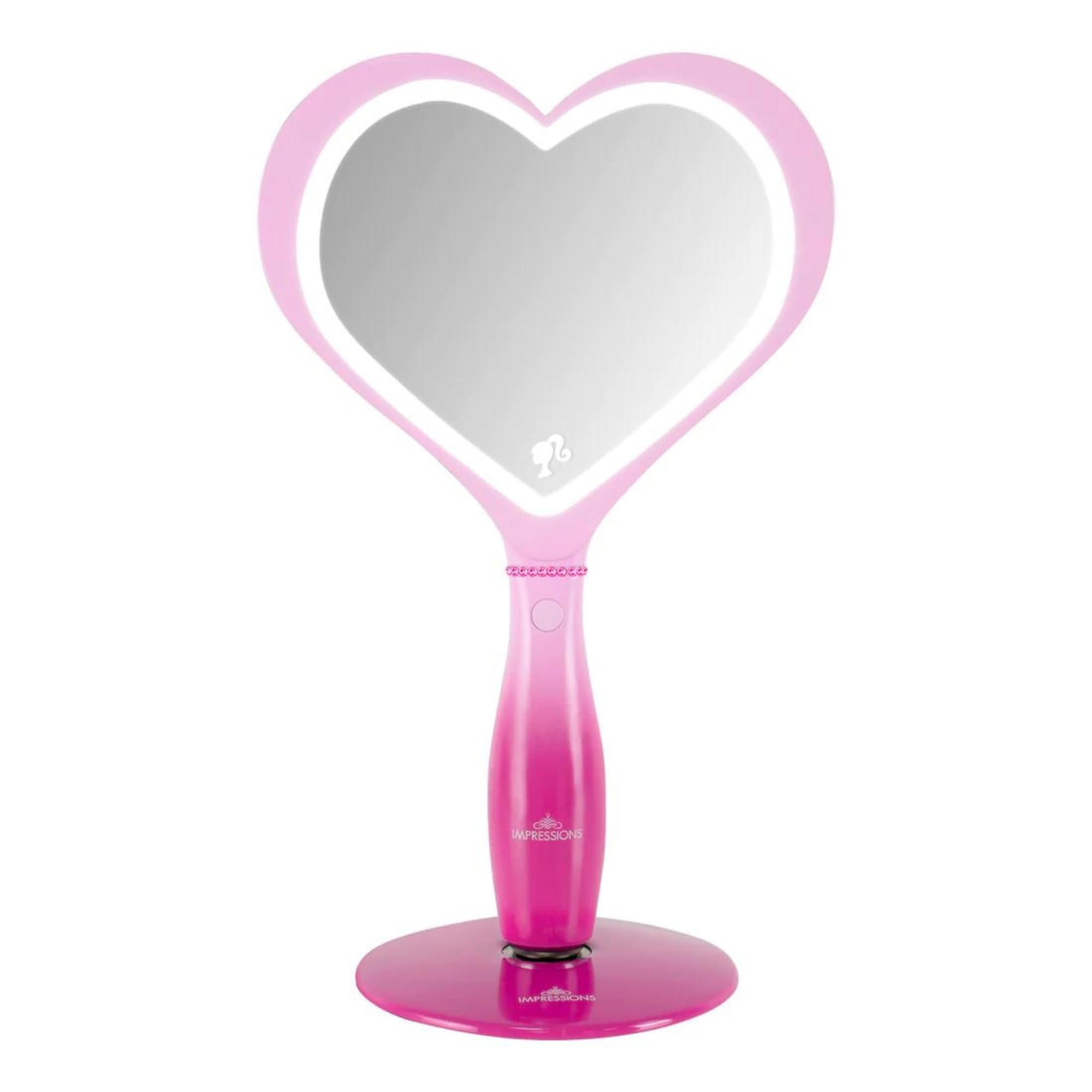 Impressions Vanity Barbie Led Handheld Makeup Mirror With Standing Base, Portable Travel Hand Held Mirror With Heart Shaped Ligh