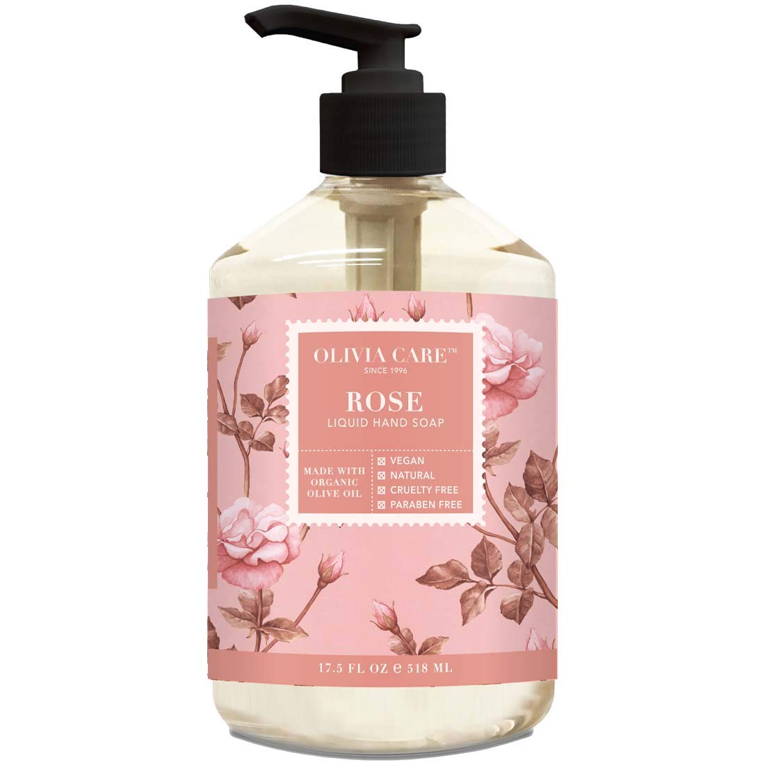 Olivia Care Liquid Hand Soap Rose & Essential Oils. All Natural - Cleansing, Germ-Fighting, Moisturizing Hand Wash For Kitchen &