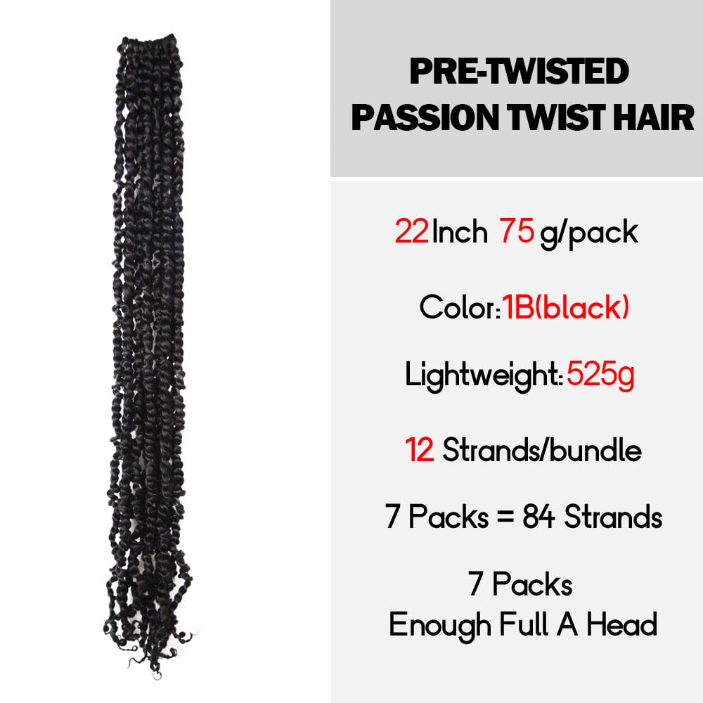 Wudas Long Passion Twist Hair 22 Inch Pre-Twisted Passion Twists Crochet Hair Natural Black Pre-Looped Synthetic Crochet Braids