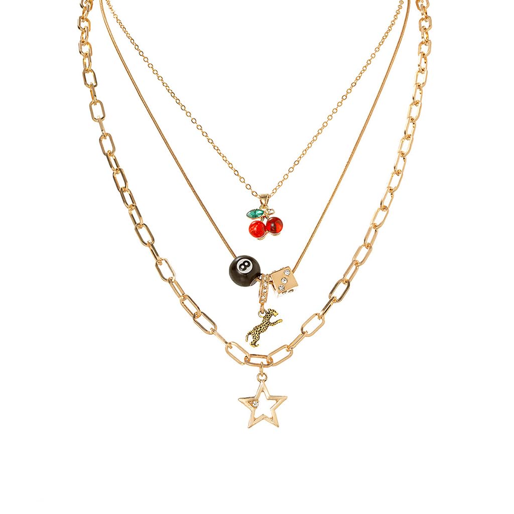 Sannidhi 3 Piece Y2K Layered Necklace Set For Women, Gold Tone Alloy Multi Layer Stacked Necklace With Cherry Pendant, Trendy Re