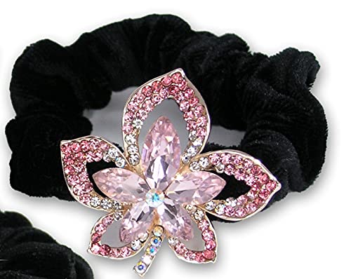 Jeweled Flower Black Elastic Hair Tie Scrunchies - Set Of 3-1 With Clear, 1 With Pink And 1 With Blue Crystal Jewels - Hair Acce
