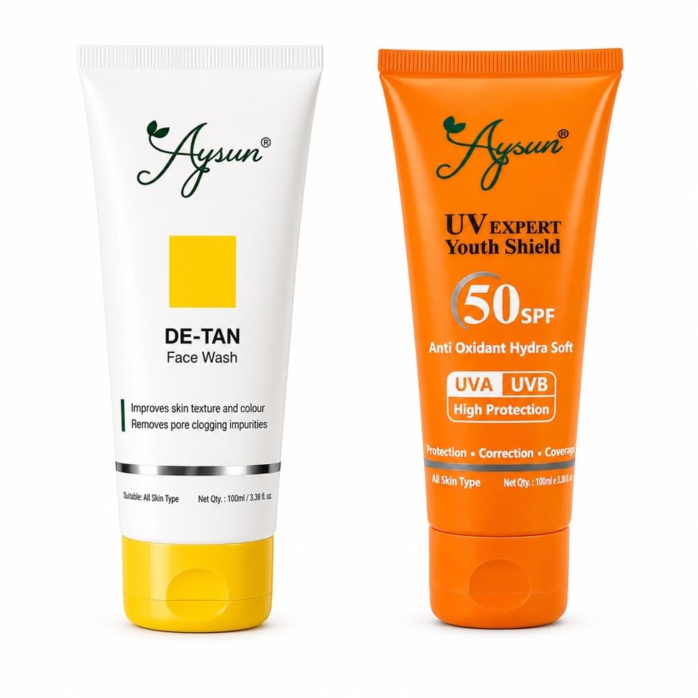 Aysun DeTan Face Wash & Spf 50 Sunscreen Combo For Men & Women | Deep Cleansing Face Wash Helps Remove Tan, Dirt & PoreCloggin