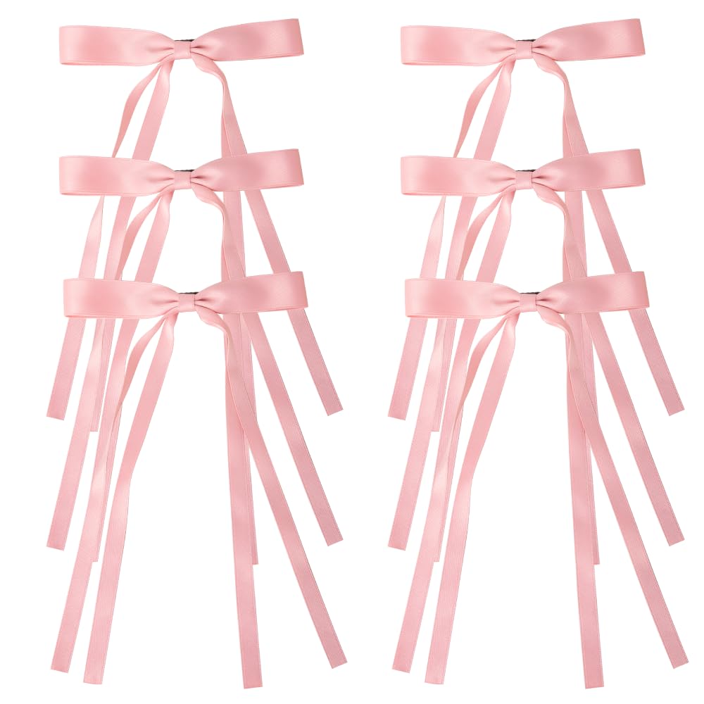 Bmobuo 6PCS Pink Hair Accessories for Women: Long Satin Ribbons, Hair Bows, Alligator Clips, and Coquette Aesthetic Barrettes
