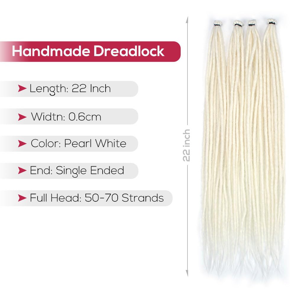 Kraler Pearl White Dreadlock Extensions, 22 '' Synthetic Crochet Dreads Extensions 100% Handmade Single Ended Dreads Thin 0.6cm