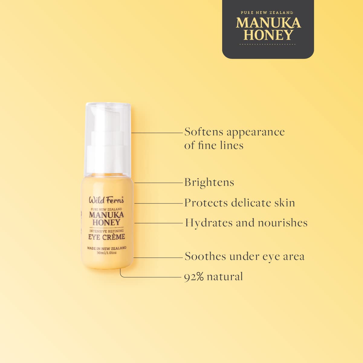 Wild Ferns Manuka Honey Intensive Refining Eye Crme, 92% Natural, 30 Milliliters