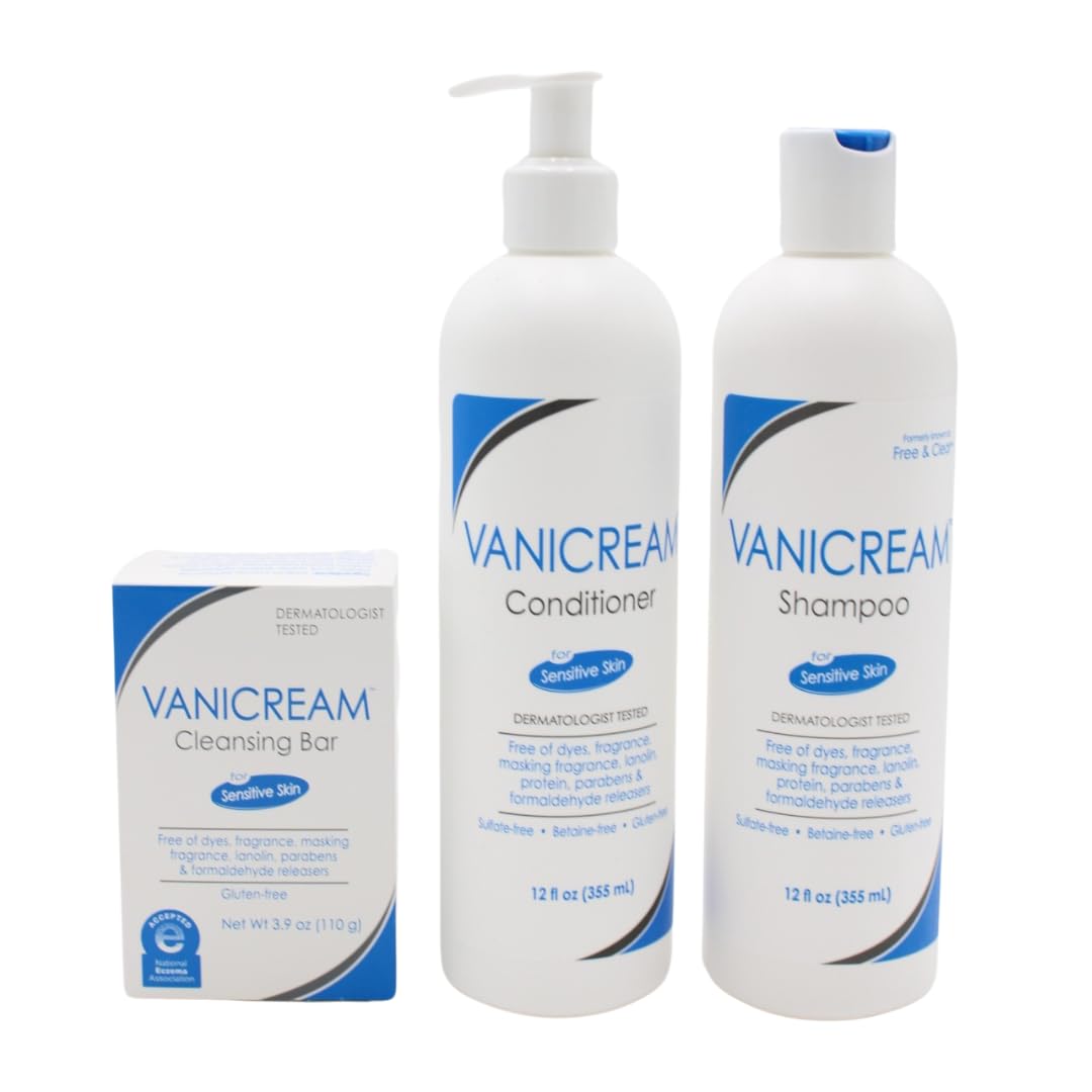 Vanicream Bundle Kit includes Vanicream Cleansing Bar (3.9 oz), Vanicream Shampoo (12 fl oz), and Vanicream Conditioner (12 fl o