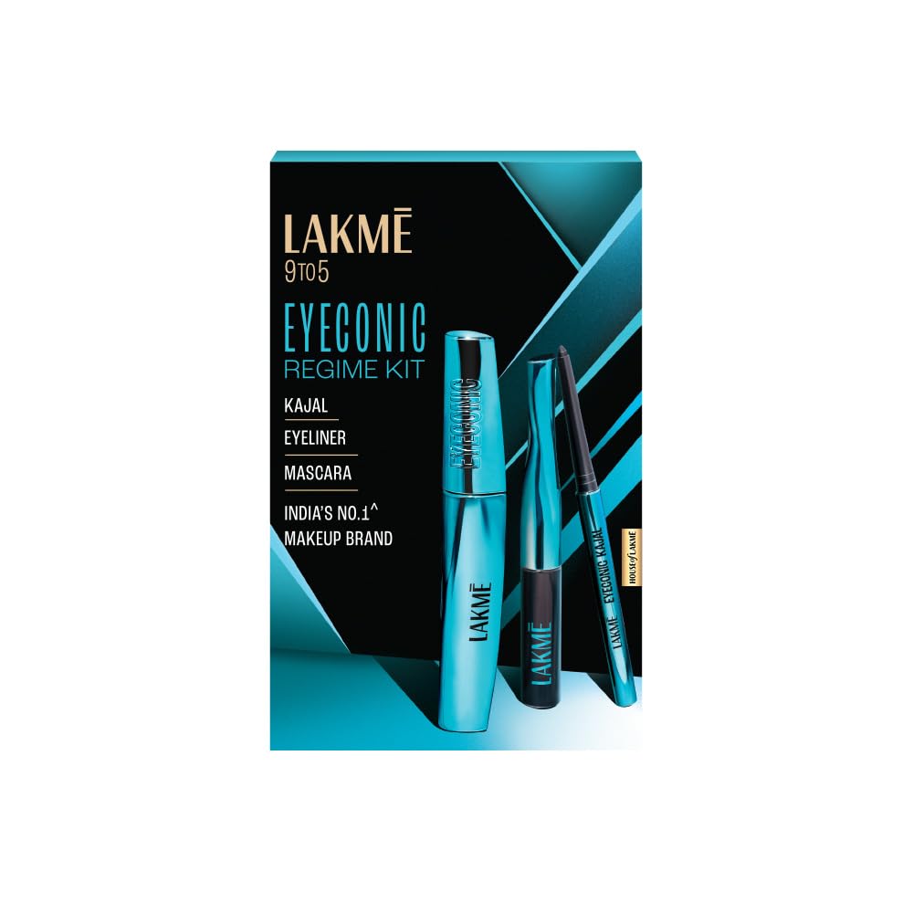 Lakme Eyeconic Regime Kit, Kajal 0.35G, Eyeliner 4.5 Ml, Mascara 9 Ml, Pack Of 3, With Intense Black Pigment, Smudgeproof And Wa