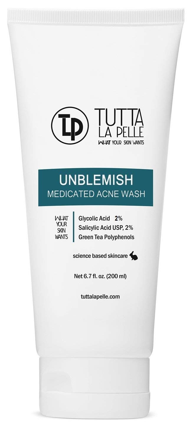 Exfoliating Face Wash Glycolic Acid 2% Salicylic Acid 2%  Medicated Unblemish Cleanser AHA BHA Acne Wash, with calming green te