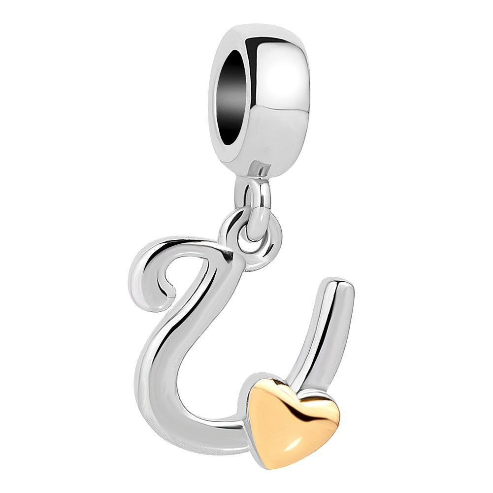 QueenCharms Initial A-Z Letter Charm Golden Heart Alphabet Dangle Beads for Bracelets & Necklaces (U)