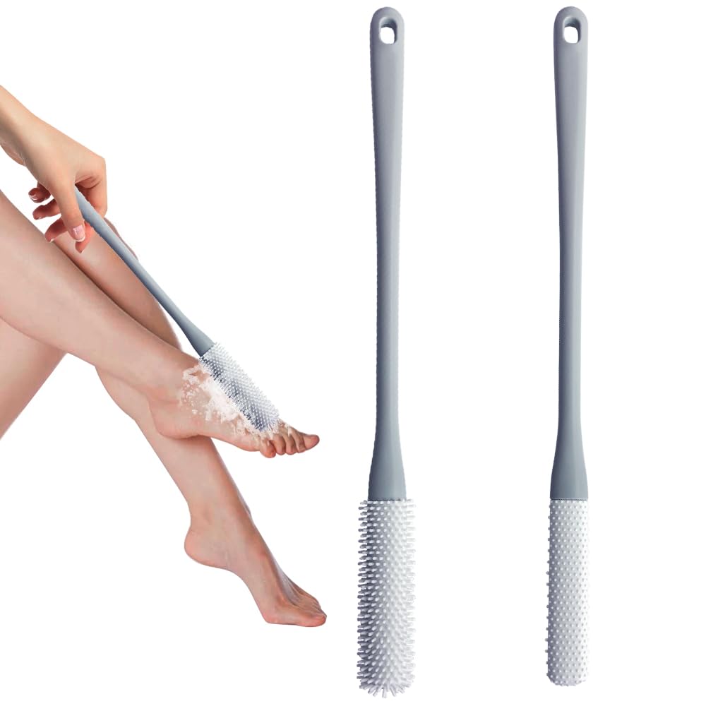 Toe Cleaning Brush Grey, Foot Scrubber in Shower with 15.7 Long Handle, Silicone Foot Brush Soft Skin Exfoliation Lotion Applic