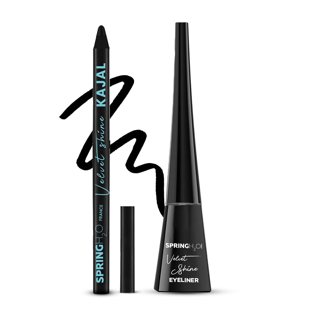 Spring H2O Velvet Shine Kajal Pencil + Eyeliner Combo | Intense Black | Long-Lasting, Waterproof & Smudgeproof Eye Makeup | Enri