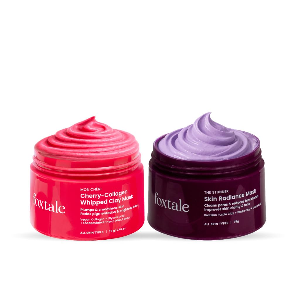 Foxtale Ultimate Glow & Collagen Mask Combo - Skin Radiance De-Tan + Cherry-Collagen Clay Mask - Removes Tan, Clears Blackheads,