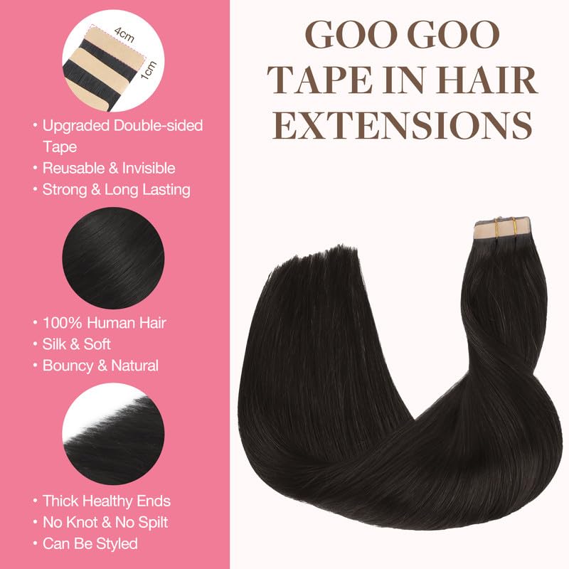 Goo Goo Tape In Hair Extensions Human Hair, 1B Natural Black, 14Inch 100G 40Pcs, Thick Ends Straight Seamless Tape In, Invisible