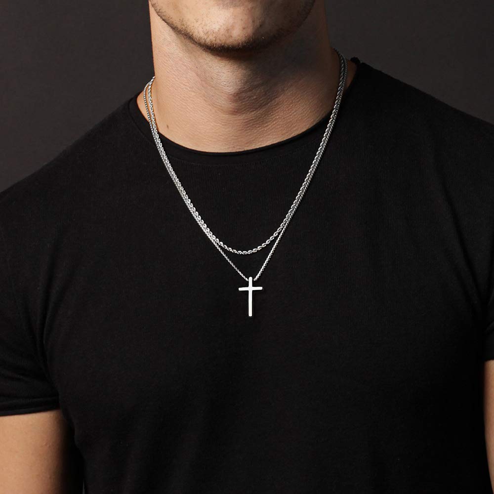 Ursteel Cross Necklace for Men Women, Stainless Steel Cross Chain Silver Mens Cross Necklace 24 Inch Necklace for Men Boyfriend