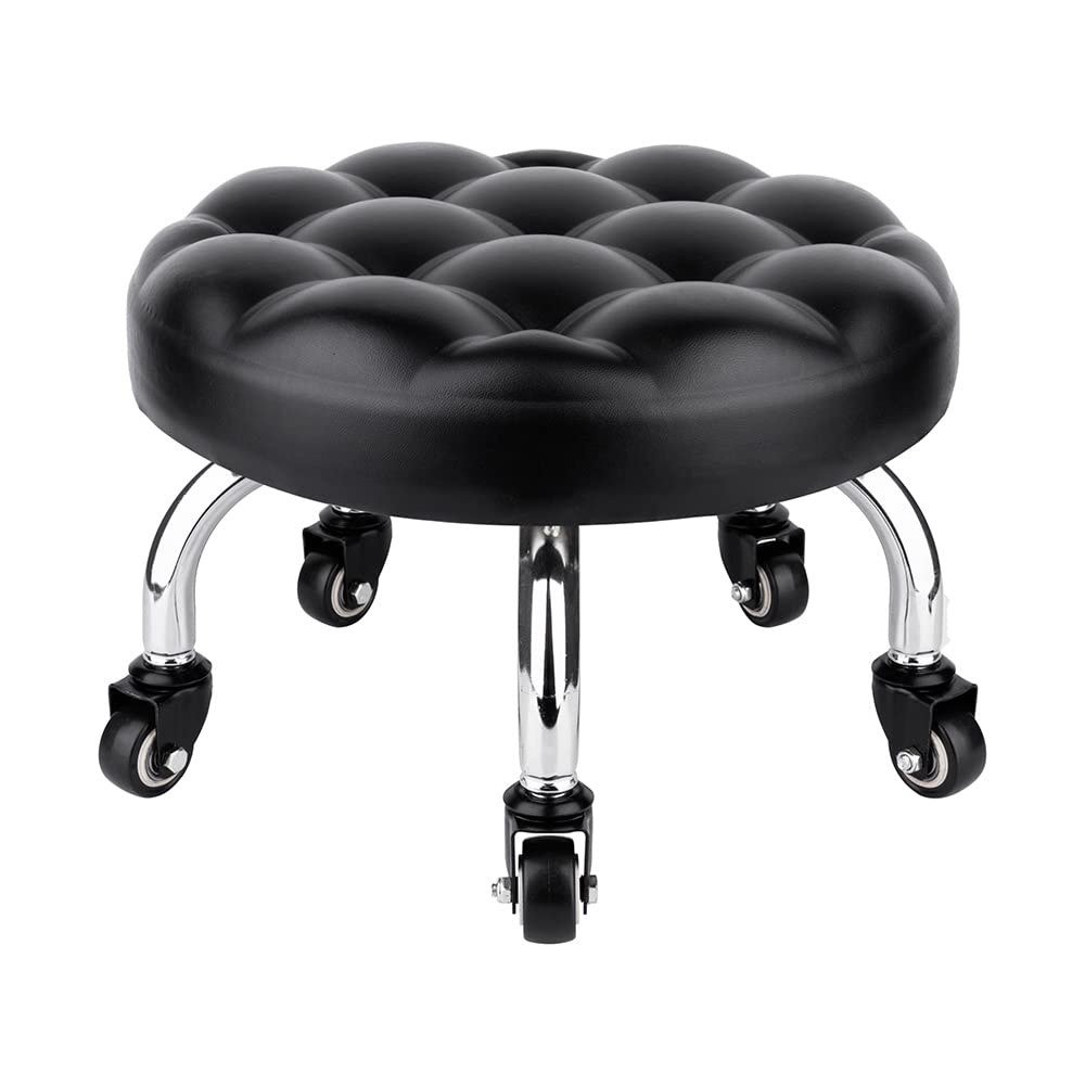 OBMMIRAO Pedicure Stool - Low Roller Seat Swivel Stool with Wheels, Black Low Chair with PU Leather Seat (Black StyleB)