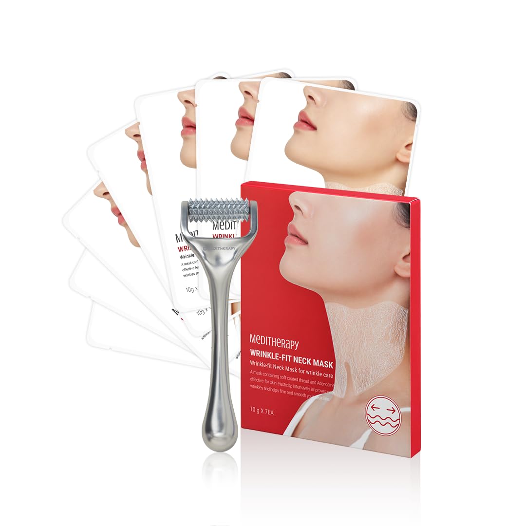 Meditherapy Wrinkle Fit Neck Masks 7Ea + Face Roller, Neck Wrinkle Collagen Patches, Facial Massage Tool, V Line Lifting, Tighte