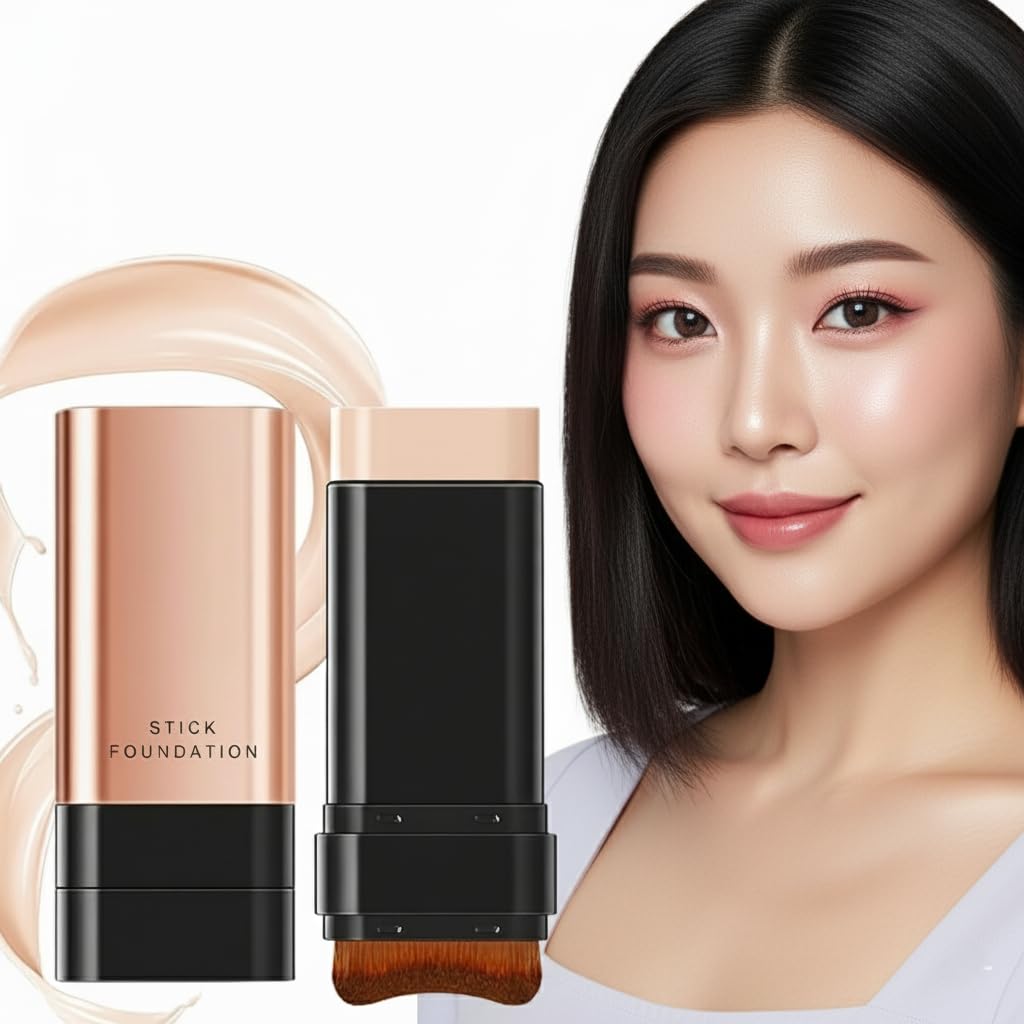2 In 1 Korean AntiWrinkle Foundation Stick With Brush, Flawless Eraser Double Head Face Makeup Stick, Waterproof LongLasting T