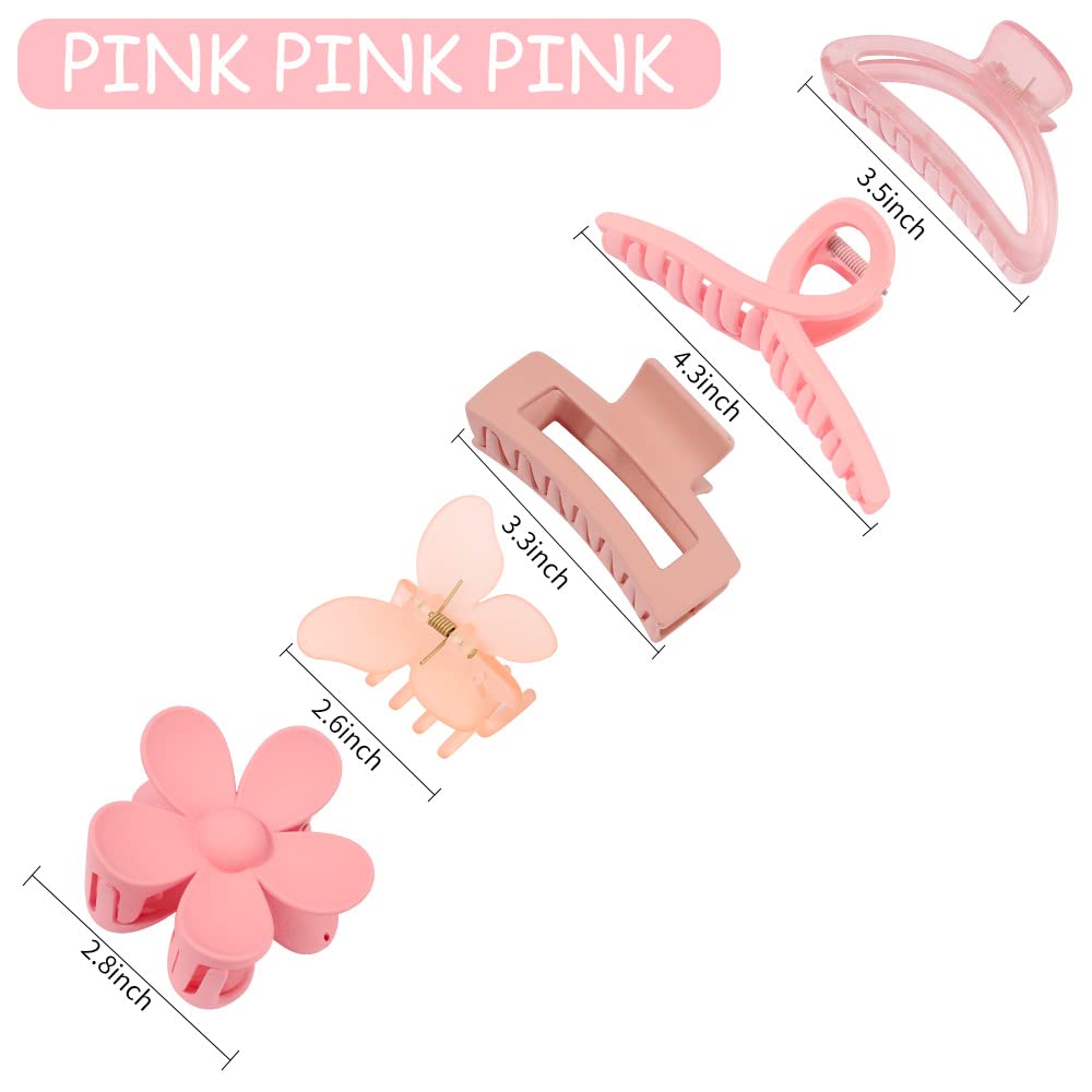 Pink Hair Clips, Ahoney 5 Pack Hair Clips for Thin Hair Cute Hair Clips 3.4-4.3 Inch Jaw Clips for Hair Big Hair Clamp Butterfly