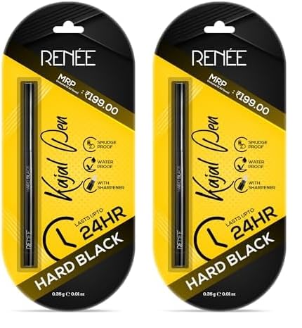 Renee Hard Black Kajal Pen | 24 Hrs Stay Long Lasting Super Black Kajal Pencil 0.35Gm, Matte Finish, Rich Color Payoff, Smudge &